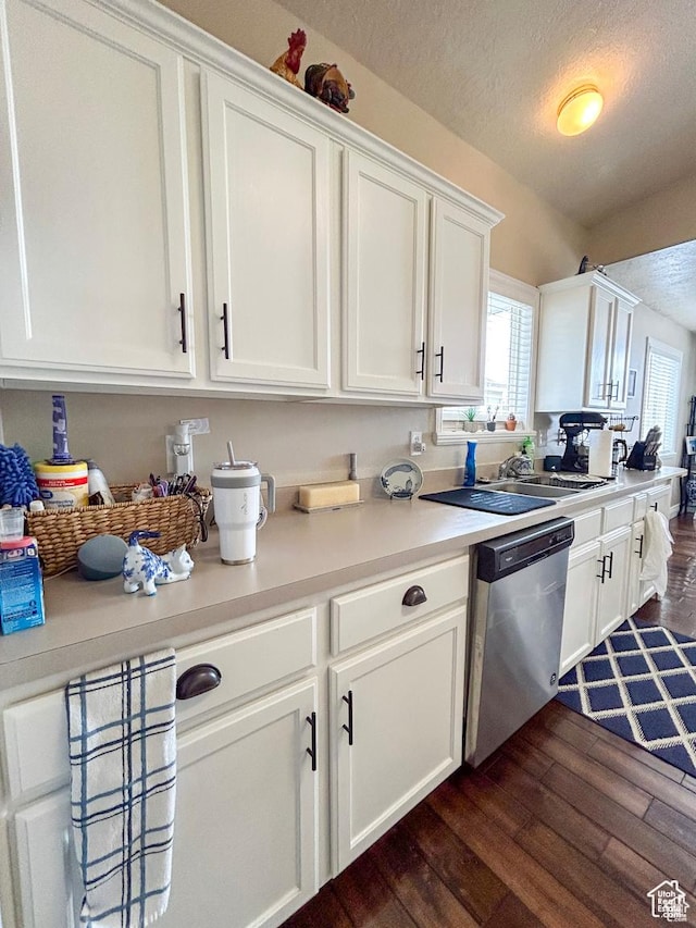 kitchen featuring dishwasher, white cabinetry, dark wood-type flooring, and light countertops