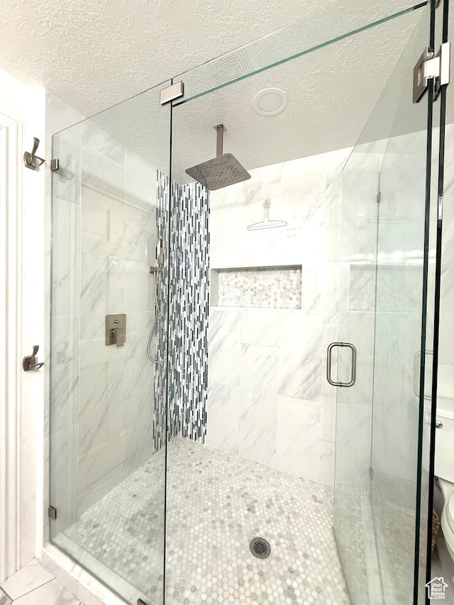 909 E 1520 N, American Fork, UT 84003 - bathroom featuring a textured ceiling, a stall shower, and toilet