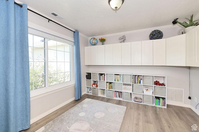 playroom with a wealth of natural light, wood finished floors, and visible vents
