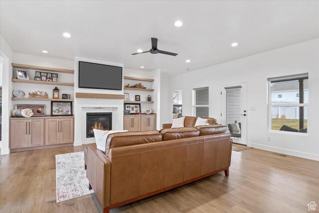 733 E 750 S, Preston, ID 83263 - living area with a ceiling fan, a glass covered fireplace, light wood-style flooring, visible vents, and recessed lighting