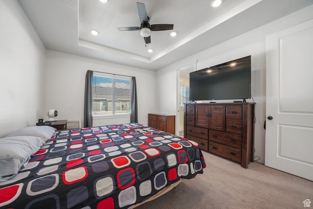 788 N 2100 E, Spanish Fork, UT 84660 - bedroom with recessed lighting, a tray ceiling, light carpet, and ceiling fan