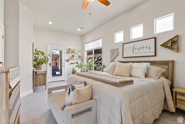 1920 W 180 N, Hurricane, UT 84737 - bedroom with light carpet, access to exterior, baseboards, recessed lighting, and ceiling fan