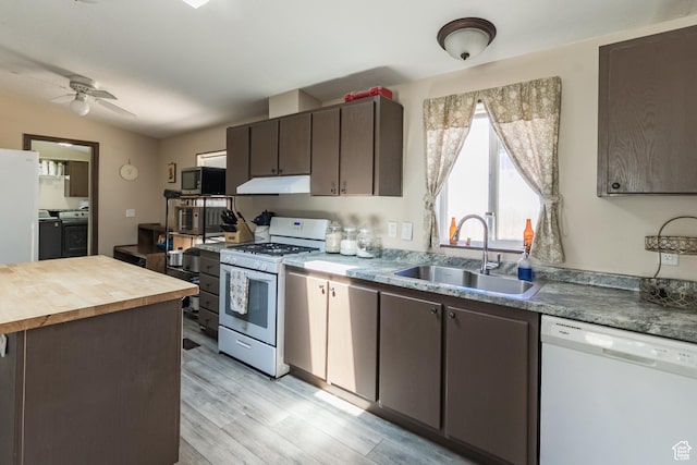 2036 W 1500 N, Vernal, UT 84078 - kitchen with a ceiling fan, a sink, butcher block countertops, white appliances, and light wood finished floors