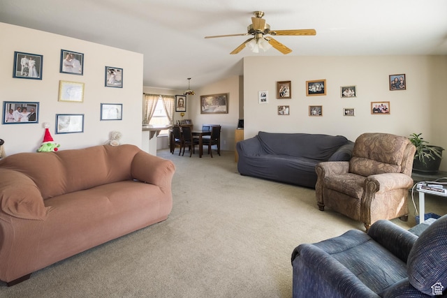 2036 W 1500 N, Vernal, UT 84078 - living area featuring light colored carpet, ceiling fan, and lofted ceiling