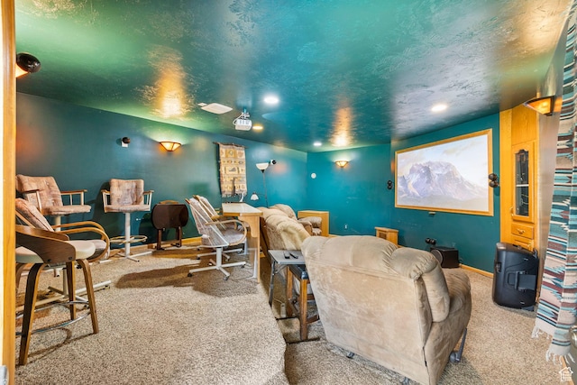 home theater with baseboards, carpet flooring, and recessed lighting