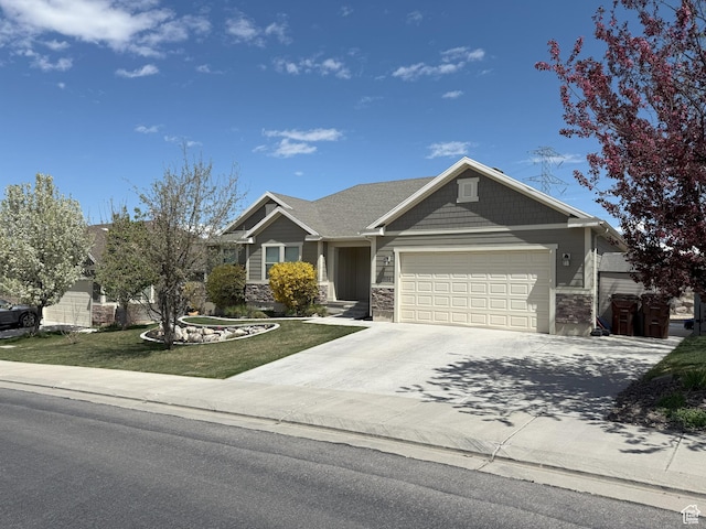 9104 N Cornwall Way E, Eagle Mountain, UT 84005 - craftsman inspired home with an attached garage, concrete driveway, a front yard, and stone siding