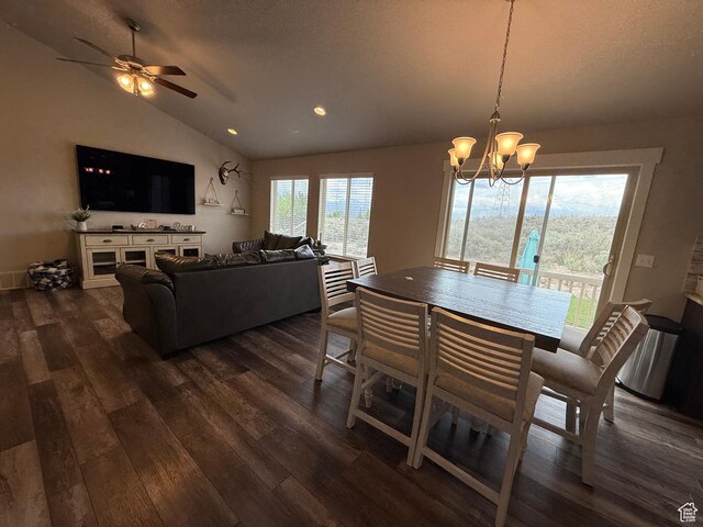 9104 N Cornwall Way E, Eagle Mountain, UT 84005 - dining space with lofted ceiling, dark wood-type flooring, recessed lighting, a chandelier, and ceiling fan