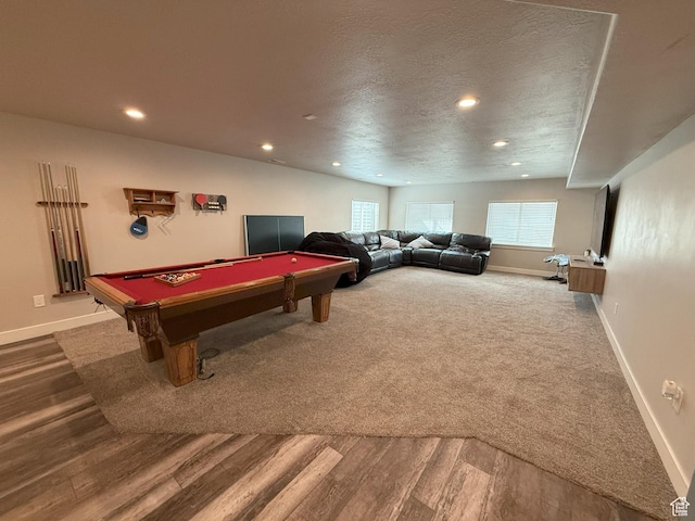 9104 N Cornwall Way E, Eagle Mountain, UT 84005 - game room featuring billiards table, recessed lighting, wood finished floors, baseboards, and a textured ceiling