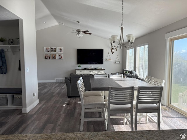 9104 N Cornwall Way E, Eagle Mountain, UT 84005 - dining area featuring wood finished floors, lofted ceiling, ceiling fan, a chandelier, and baseboards