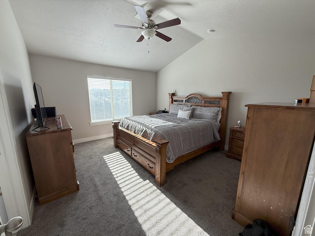 9104 N Cornwall Way E, Eagle Mountain, UT 84005 - bedroom with carpet floors, a textured ceiling, vaulted ceiling, ceiling fan, and baseboards