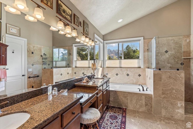 6109 S Vine Bend Ln, Murray, UT 84121 - full bath featuring a sink, double vanity, lofted ceiling, walk in shower, and a garden tub