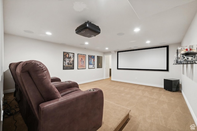 home theater with light carpet, baseboards, and recessed lighting