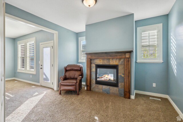 living area with baseboards, carpet flooring, and a fireplace