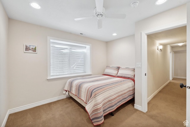 bedroom featuring recessed lighting, carpet floors, visible vents, and baseboards