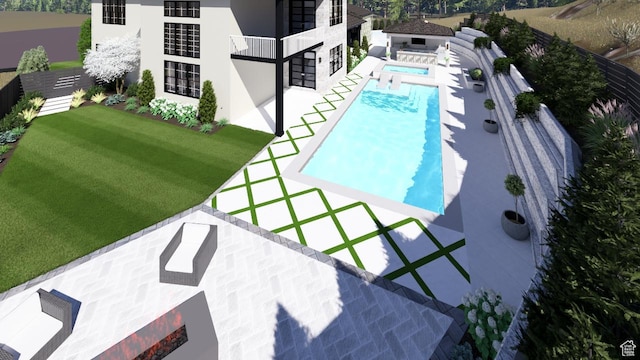 view of swimming pool featuring a fenced in pool, an outdoor hot tub, a patio area, a yard, and an outdoor living space