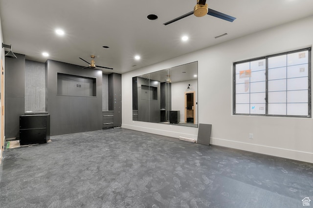 spare room with baseboards, a ceiling fan, visible vents, and recessed lighting