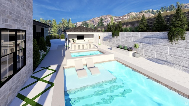 view of pool featuring a fenced in pool, a fenced backyard, a patio area, a hot tub, and a mountain view