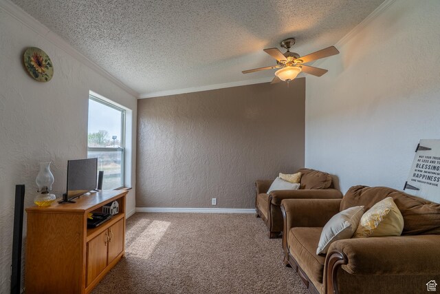 408 W 2000 S, Price, UT 84501 - living room featuring crown molding, a textured ceiling, ceiling fan, a textured wall, and carpet flooring
