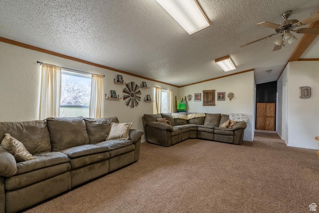 408 W 2000 S, Price, UT 84501 - carpeted living room with lofted ceiling, a ceiling fan, a textured ceiling, and ornamental molding