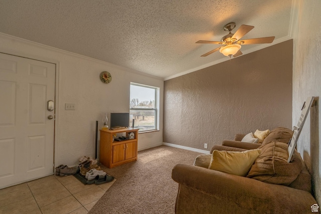 408 W 2000 S, Price, UT 84501 - living room with a textured wall, a ceiling fan, ornamental molding, light tile patterned flooring, and a textured ceiling