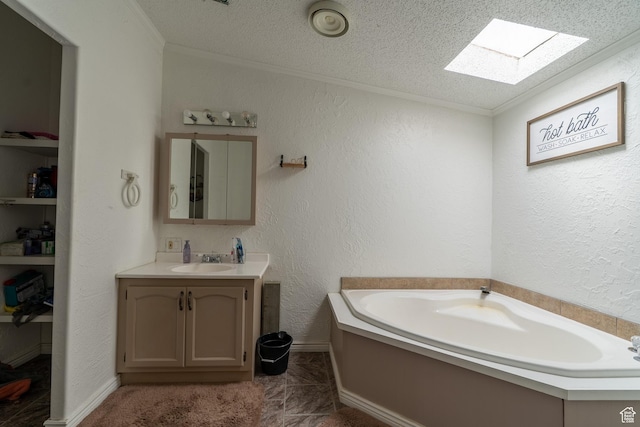 408 W 2000 S, Price, UT 84501 - bathroom featuring a textured wall, vanity, ornamental molding, a bath, and a skylight