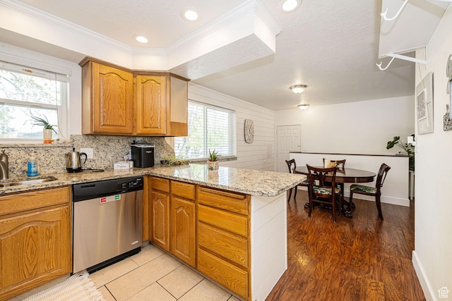 2005 N 500 E, North Ogden, UT 84414 - kitchen with light stone counters, crown molding, a sink, dishwasher, and a peninsula