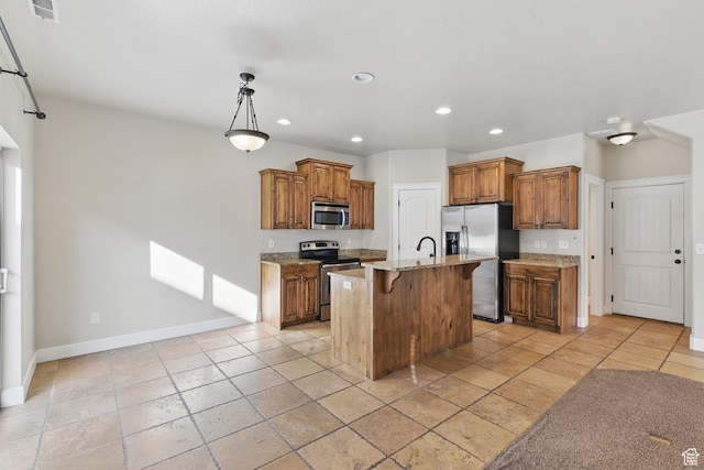 1247 N Baycrest Dr, Saratoga Springs, UT 84045 - kitchen featuring recessed lighting, a kitchen bar, brown cabinetry, and appliances with stainless steel finishes