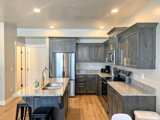 150 W Seasons Ln Unit 4, Garden City, UT 84028 - kitchen featuring a sink, a kitchen island with sink, a kitchen bar, light wood-style flooring, and appliances with stainless steel finishes