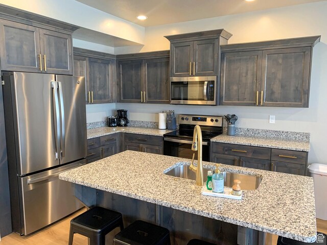 150 W Seasons Ln Unit 4, Garden City, UT 84028 - kitchen featuring stainless steel appliances, a sink, dark brown cabinetry, a kitchen bar, and light stone counters