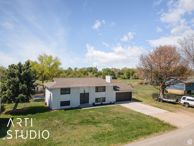 4351 W 1400 N, Plain City, UT 84404 - view of front facade with a garage, a chimney, driveway, a front yard, and stucco siding