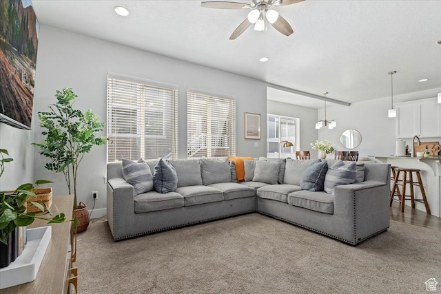 4941 W Chrome Rd, Herriman, UT 84096 - carpeted living area with recessed lighting and ceiling fan