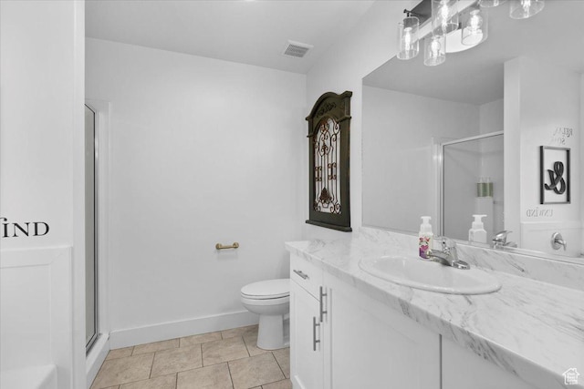 full bath featuring vanity, visible vents, a shower stall, and toilet