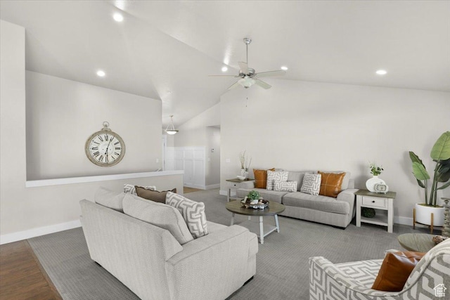 living area featuring vaulted ceiling, baseboards, recessed lighting, and a ceiling fan
