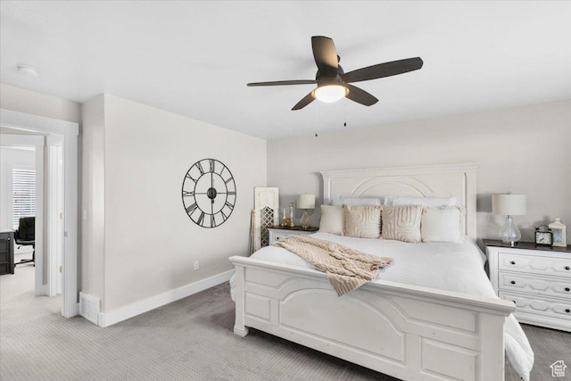 bedroom featuring light carpet, a ceiling fan, and baseboards