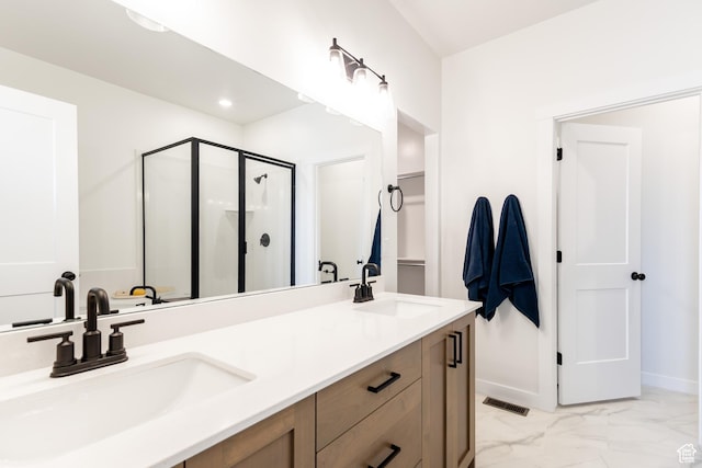 3080 N 2875 W Unit 25, Plain City, UT 84404 - full bathroom featuring a shower stall, double vanity, marble finish floors, and baseboards