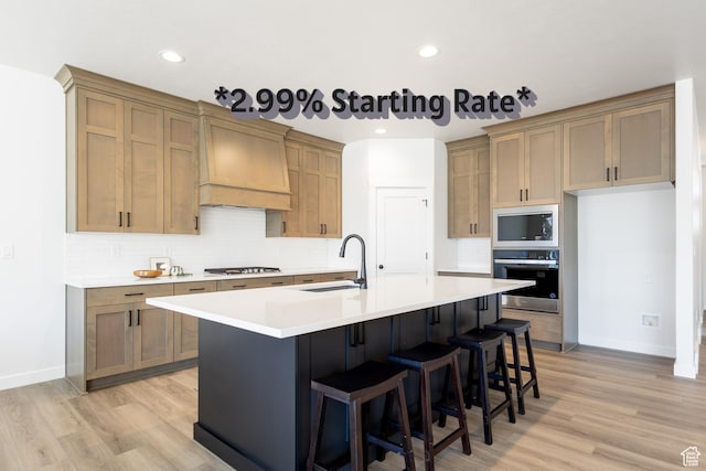 3080 N 2875 W Unit 25, Plain City, UT 84404 - kitchen featuring stainless steel appliances, premium range hood, light wood-type flooring, decorative backsplash, and recessed lighting