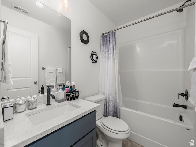 452 S Wood Stream Rd, American Fork, UT 84003 - bathroom with shower / bath combination with curtain, visible vents, vanity, and toilet