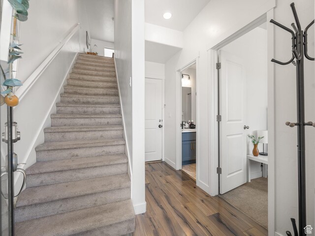 452 S Wood Stream Rd, American Fork, UT 84003 - stairs featuring recessed lighting and wood finished floors