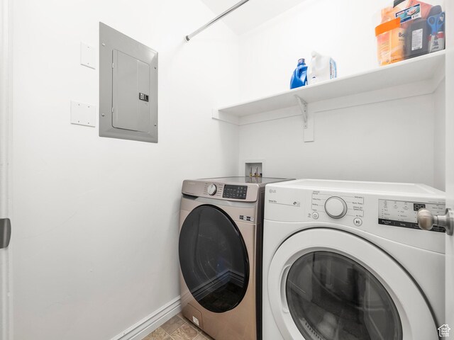 2046 N Belmont Dr, Saratoga Springs, UT 84045 - laundry area with baseboards, electric panel, washer and dryer, and laundry area