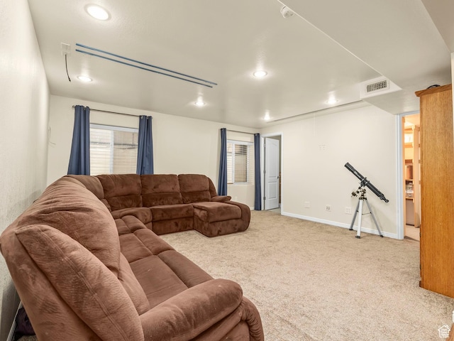 2046 N Belmont Dr, Saratoga Springs, UT 84045 - living room with baseboards, visible vents, recessed lighting, and carpet flooring