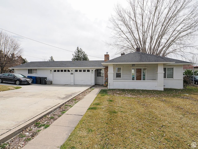 single story home featuring a chimney, a front lawn, concrete driveway, an attached garage, and brick siding