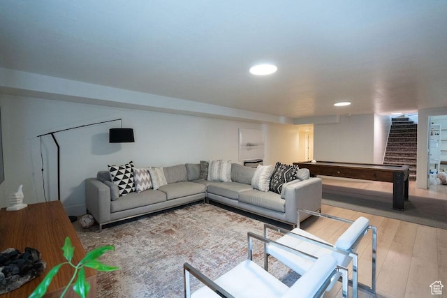 14661 S Rock Canyon Cir W, Herriman, UT 84096 - living area with stairs, wood finished floors, and recessed lighting