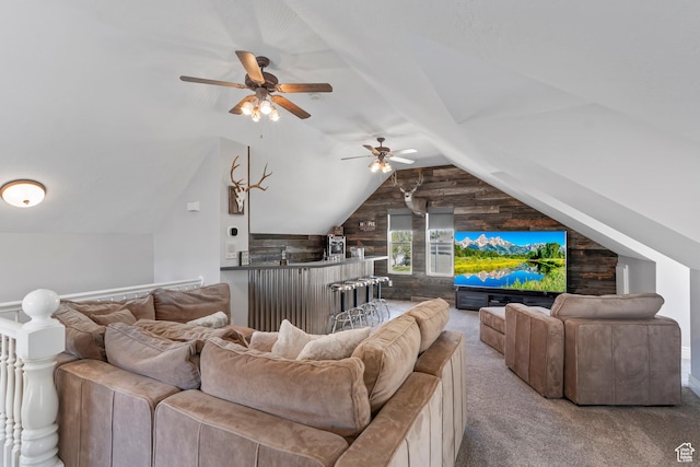 468 E 12000 S, Draper, UT 84020 - carpeted living area with wooden walls, lofted ceiling, and ceiling fan