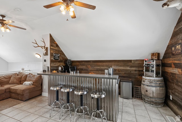 468 E 12000 S, Draper, UT 84020 - bar with light tile patterned flooring, ceiling fan, indoor bar, wood walls, and lofted ceiling