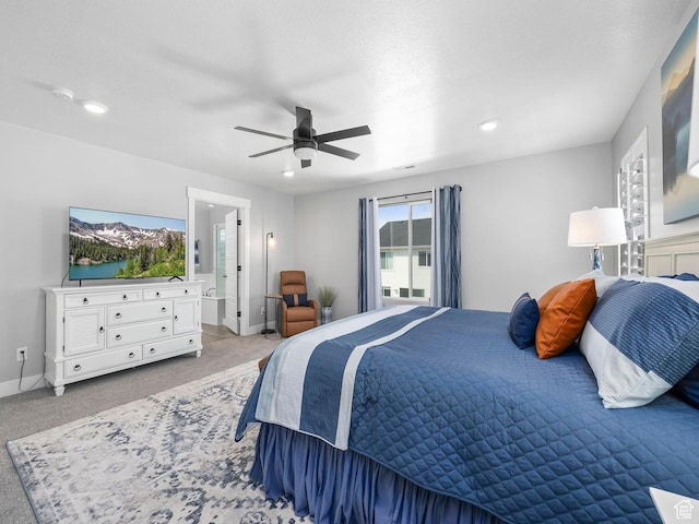 1058 S 800 W, American Fork, UT 84003 - bedroom with recessed lighting, a ceiling fan, baseboards, light colored carpet, and ensuite bathroom