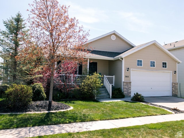 3611 W 850 S, Syracuse, UT 84075 - ranch-style house featuring a shingled roof, a front lawn, an attached garage, driveway, and covered porch
