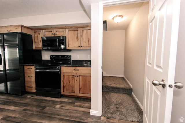 3611 W 850 S, Syracuse, UT 84075 - kitchen featuring dark wood finished floors, black appliances, baseboards, and dark countertops