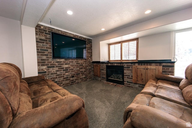 3611 W 850 S, Syracuse, UT 84075 - living room with brick wall, a brick fireplace, carpet floors, and recessed lighting