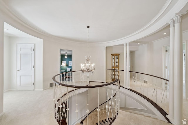 1500 E Arlington Dr, Salt Lake City, UT 84103 - corridor with carpet floors, a chandelier, an upstairs landing, and visible vents