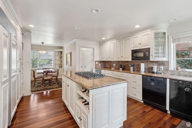 1500 E Arlington Dr, Salt Lake City, UT 84103 - kitchen with black appliances, dark wood-style flooring, crown molding, and white cabinetry
